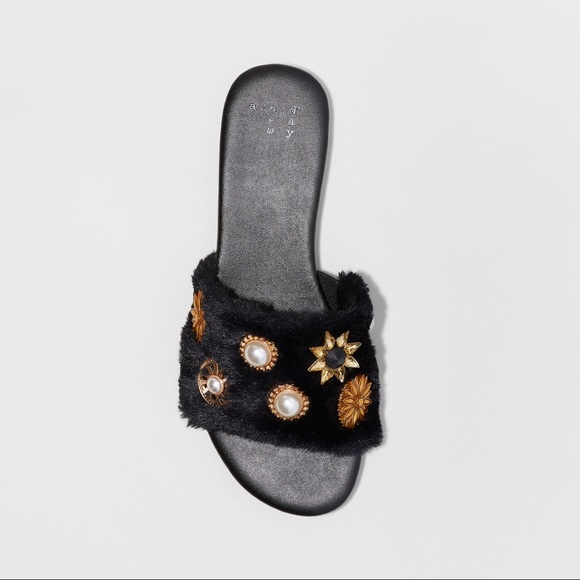 Women's Rose Brooch Faux Fur Slide Sandals -B3 - Picture 6 of 7